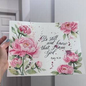 Original watercolor peonies with Christian quote calligraphy